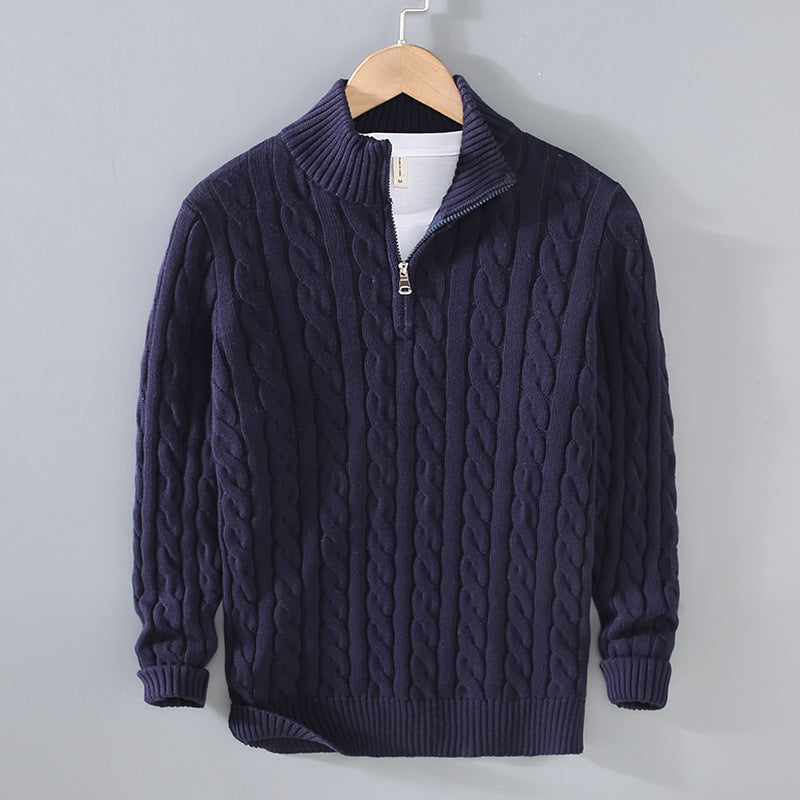 Men's Cable Knit Jumper - Quarter-Zip with High Collar