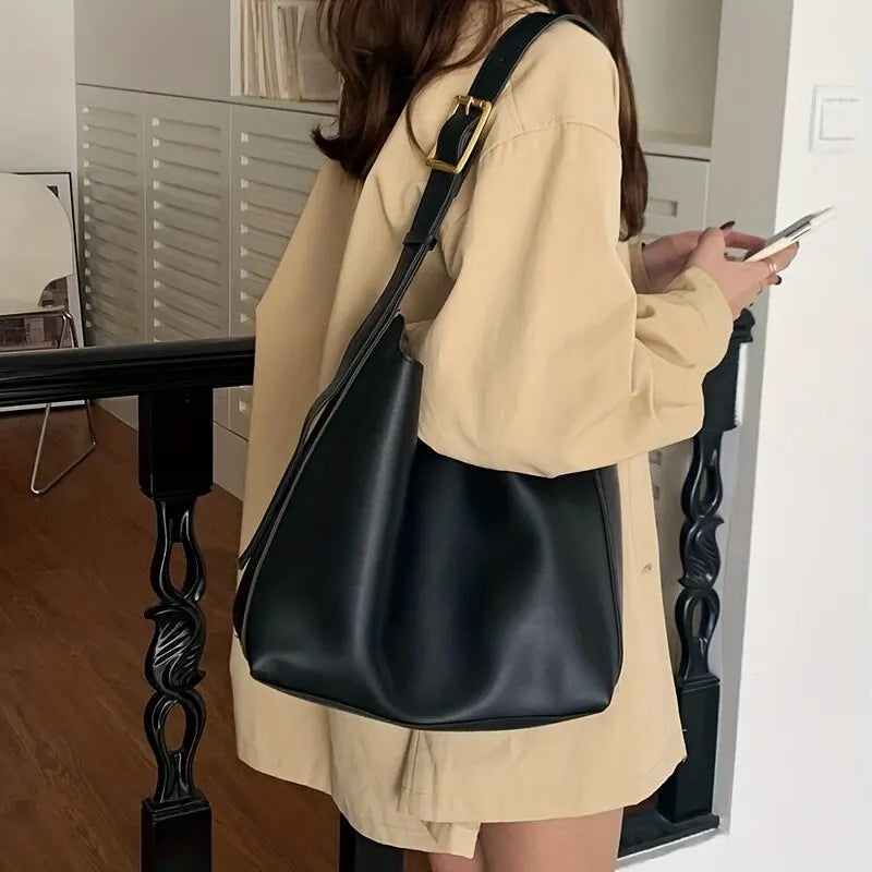 Women's Slouchy Shoulder Bag - Wide Strap with Gold Buckle Accent