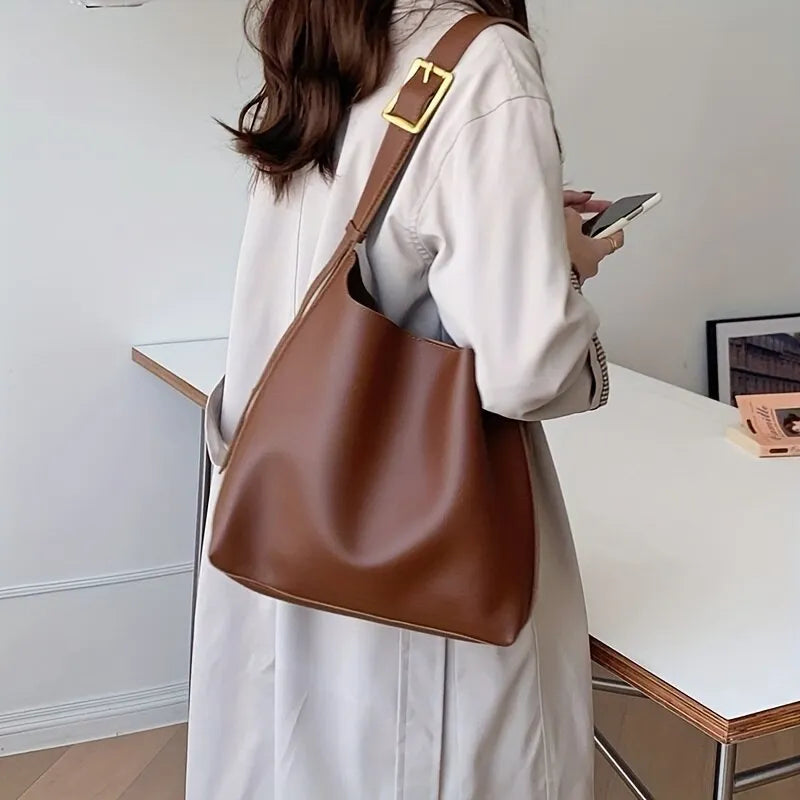 Women's Slouchy Shoulder Bag - Wide Strap with Gold Buckle Accent