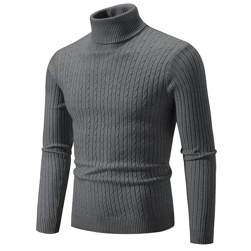 Men's Cable Knit Turtleneck Jumper - Tailored Fit & Ribbed Collar