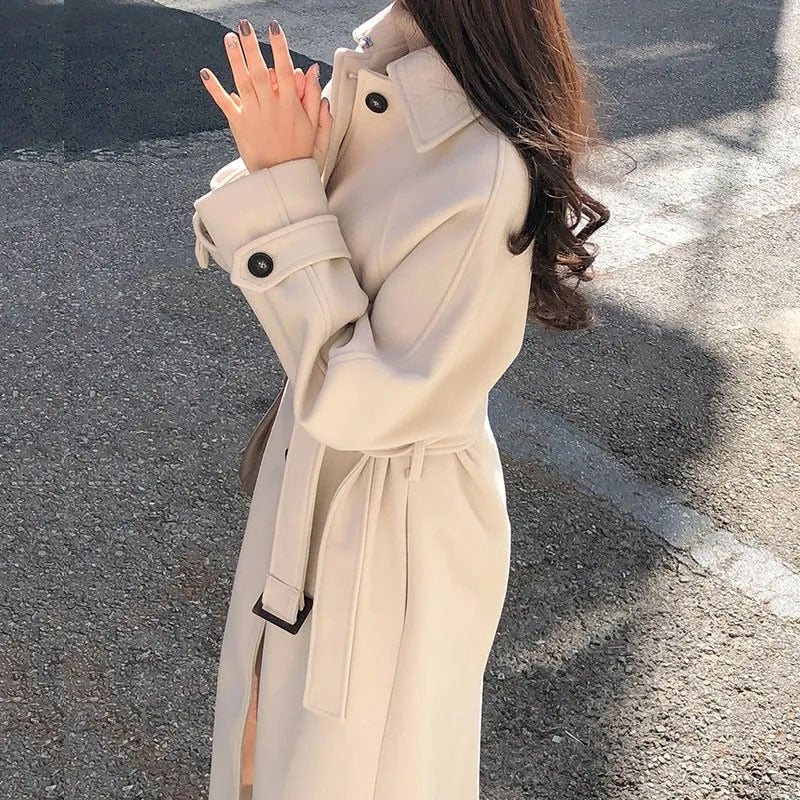 Women's Long Winter Trench Coat - Belted Design with Buckled Cuffs