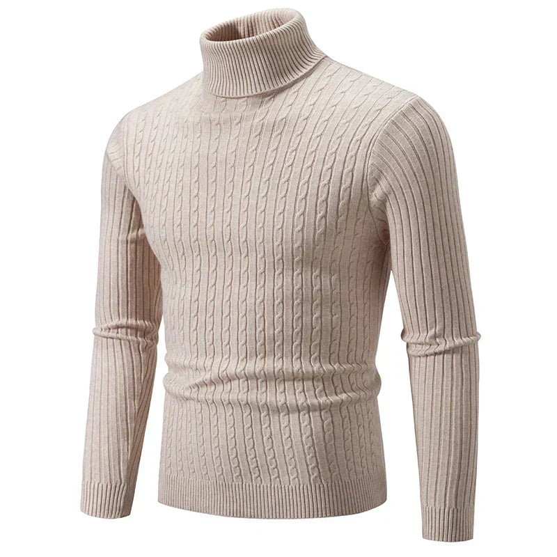 Men's Cable Knit Turtleneck Jumper - Tailored Fit & Ribbed Collar