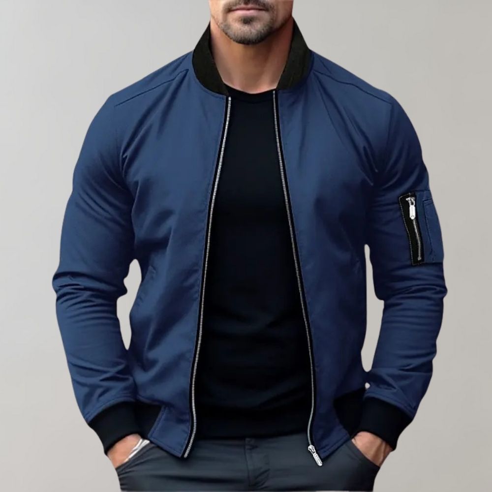 Men's Full-Zip Bomber Jacket - Ribbed Trim & Sleeve Pocket