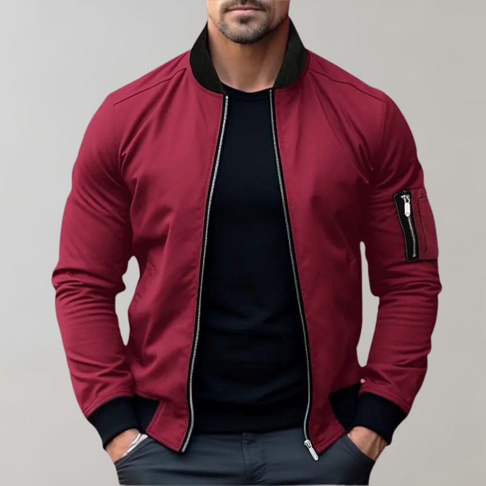 Men's Full-Zip Bomber Jacket - Ribbed Trim & Sleeve Pocket