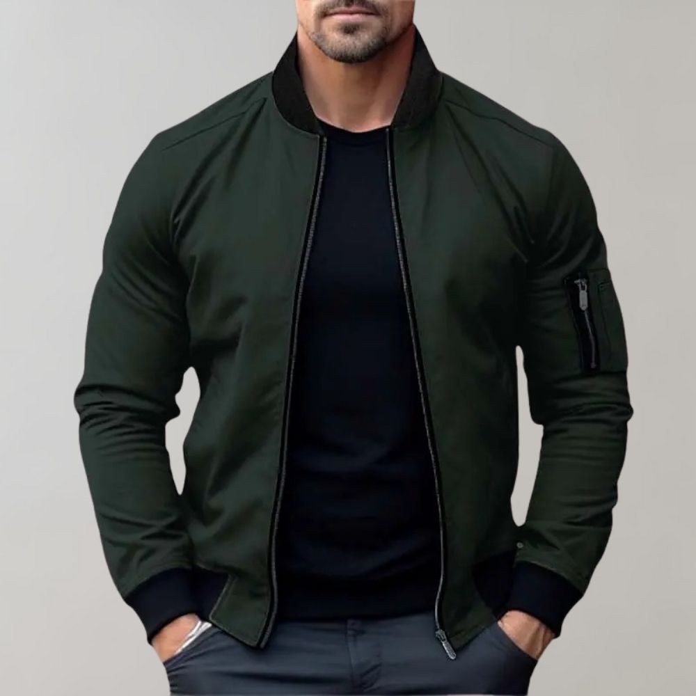 Men's Full-Zip Bomber Jacket - Ribbed Trim & Sleeve Pocket