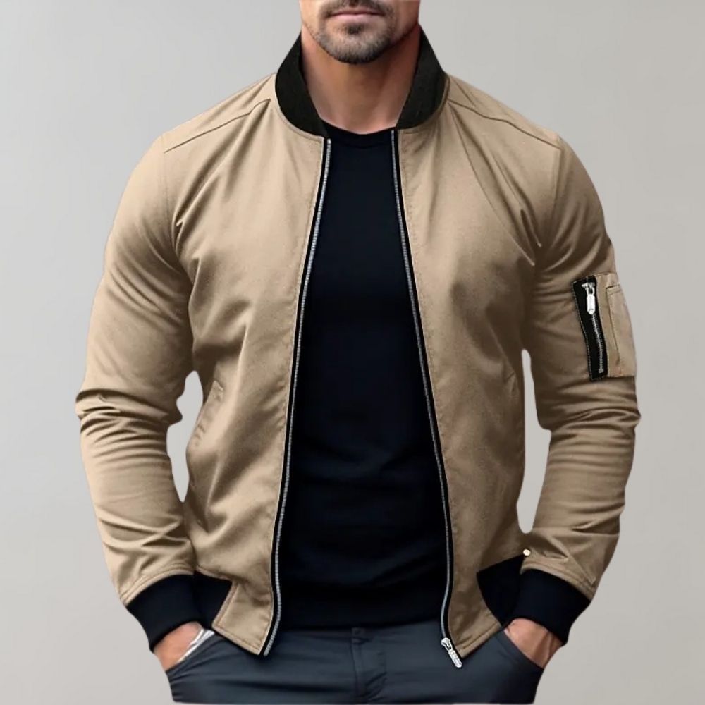 Men's Full-Zip Bomber Jacket - Ribbed Trim & Sleeve Pocket