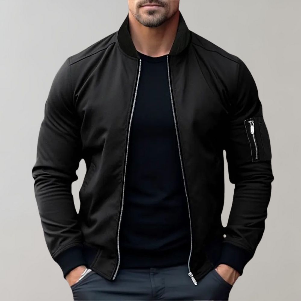Men's Full-Zip Bomber Jacket - Ribbed Trim & Sleeve Pocket