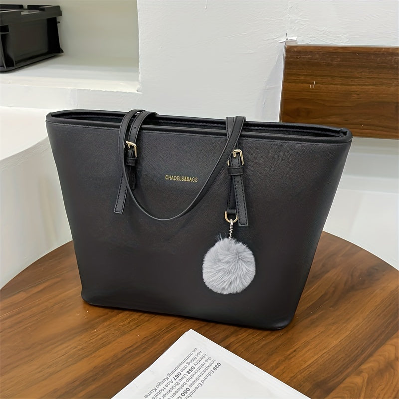 Women's Black Structured Tote Bag - Spacious Bag with Pom-Pom Charm