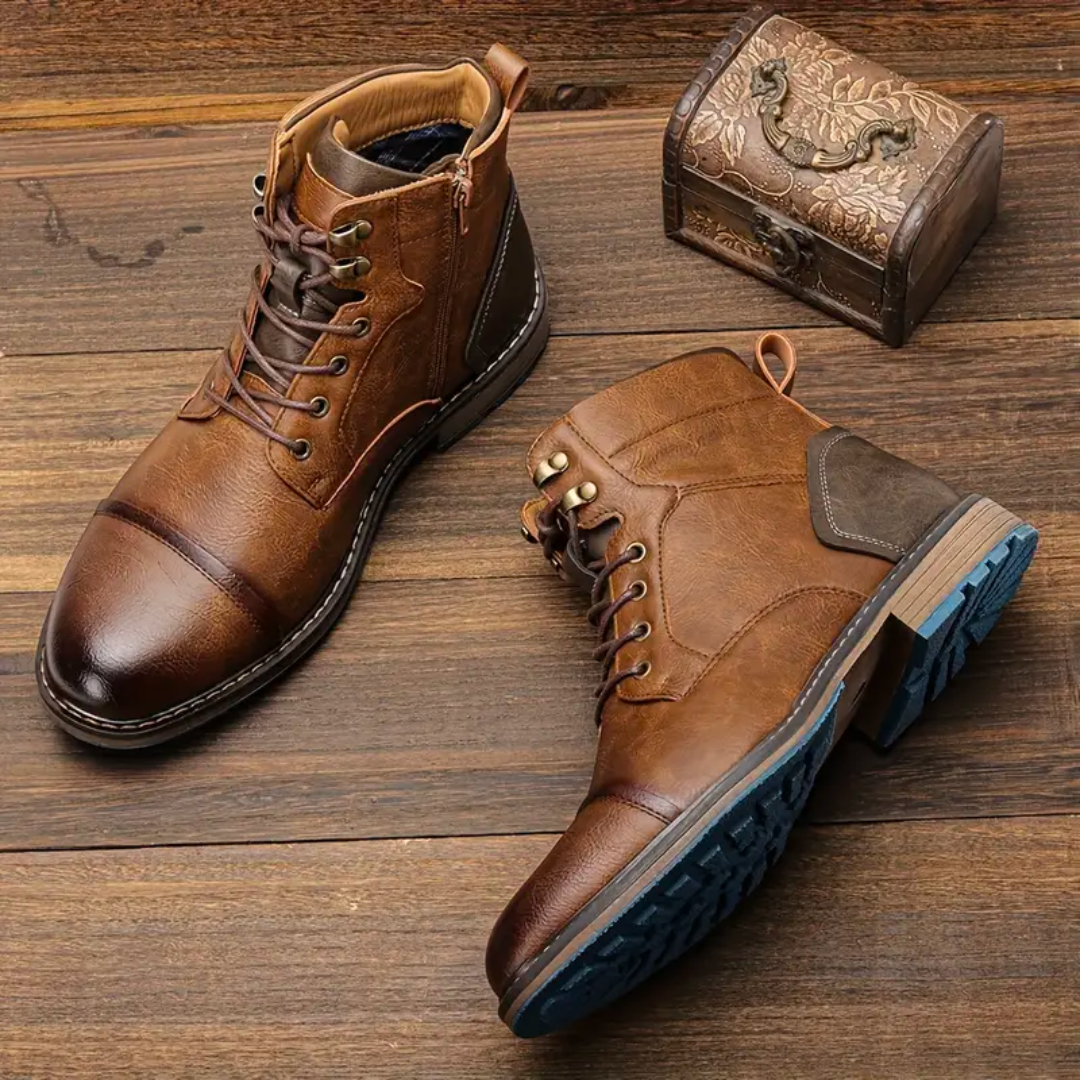 Men's Brown Side Zip Ankle Boots - Lace-Up Design with Non-Slip Sole