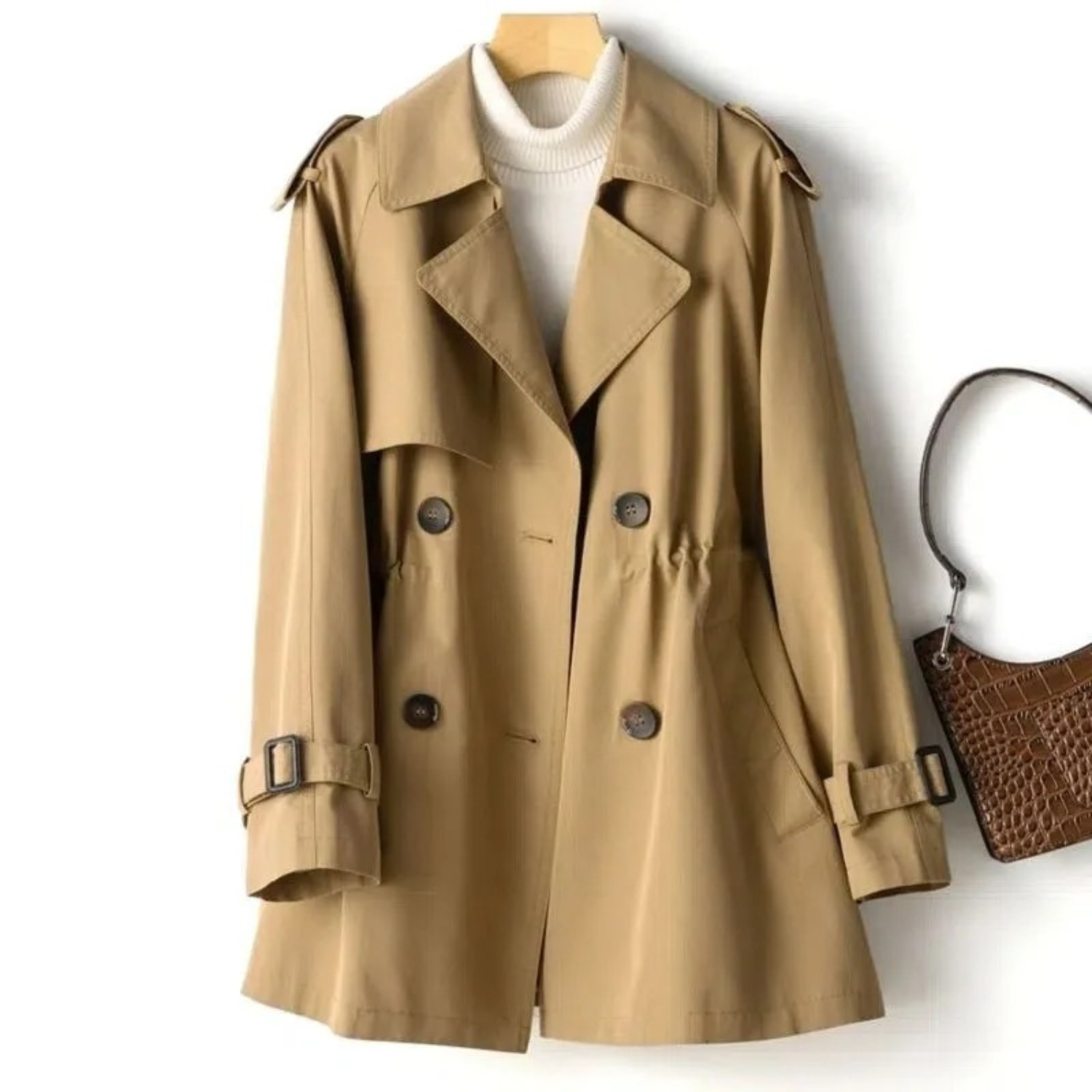 Women's Long Trench Coat - Double-Breasted with Epaulets