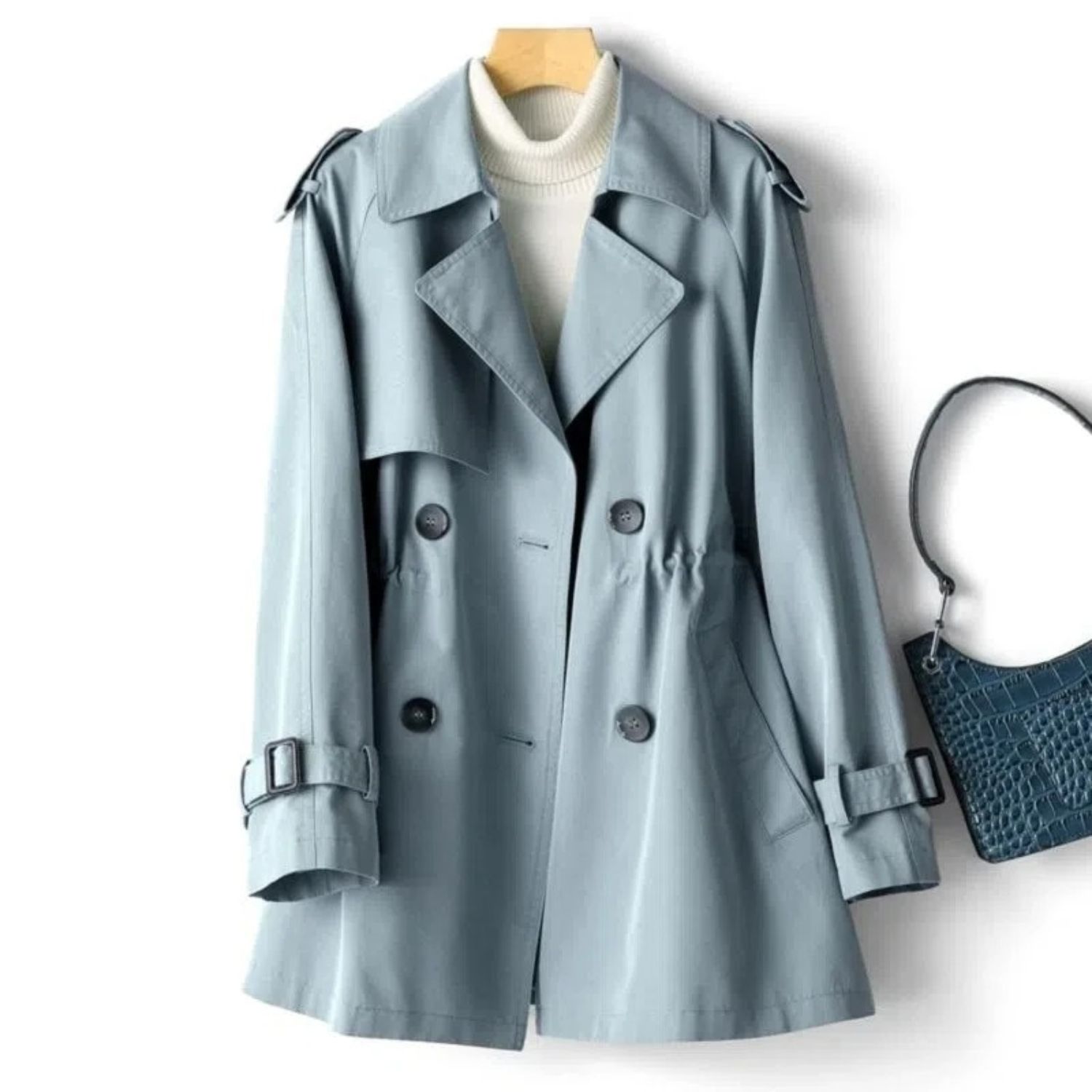 Women's Long Trench Coat - Double-Breasted with Epaulets