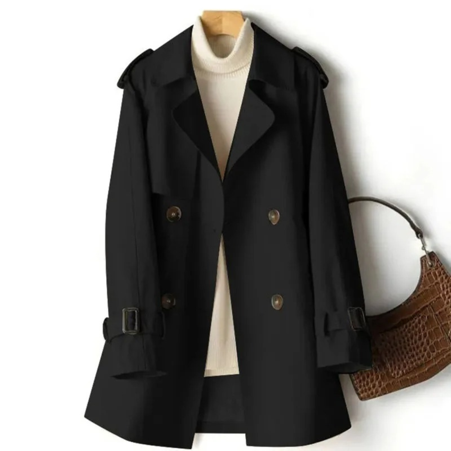 Women's Long Trench Coat - Double-Breasted with Epaulets
