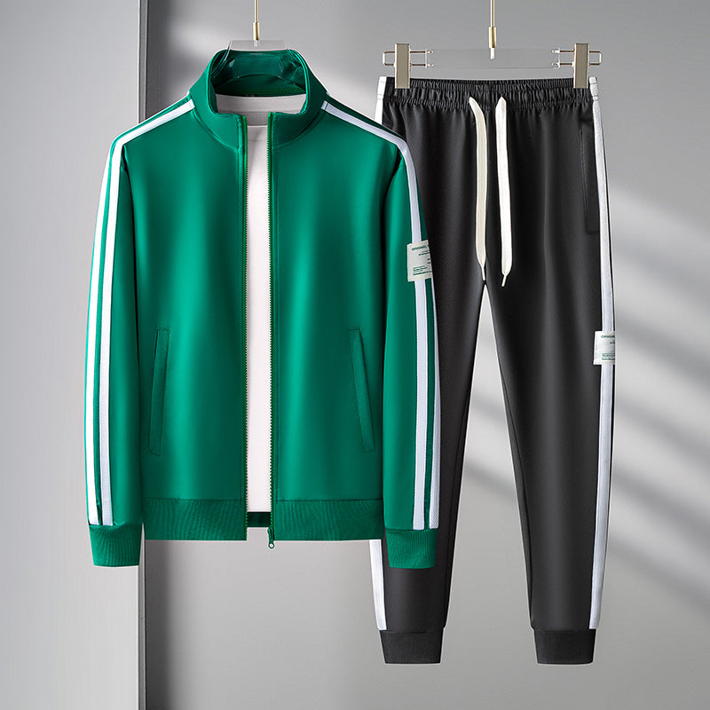 Men's Side-Striped Tracksuit Set - Stand Collar Jacket & Drawstring Joggers