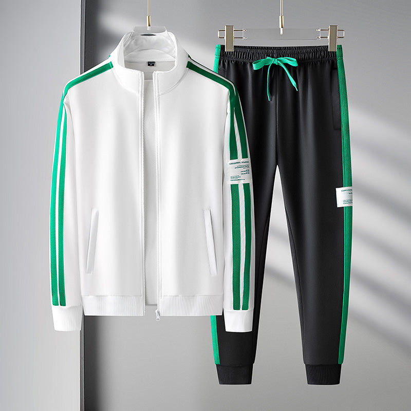 Men's Side-Striped Tracksuit Set - Stand Collar Jacket & Drawstring Joggers