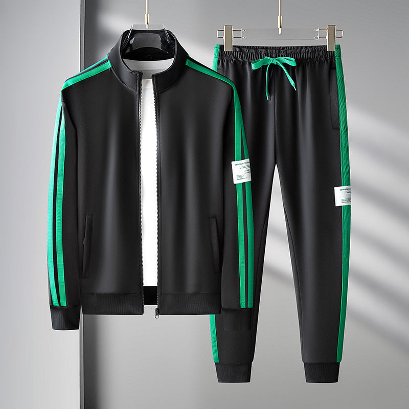 Men's Side-Striped Tracksuit Set - Stand Collar Jacket & Drawstring Joggers