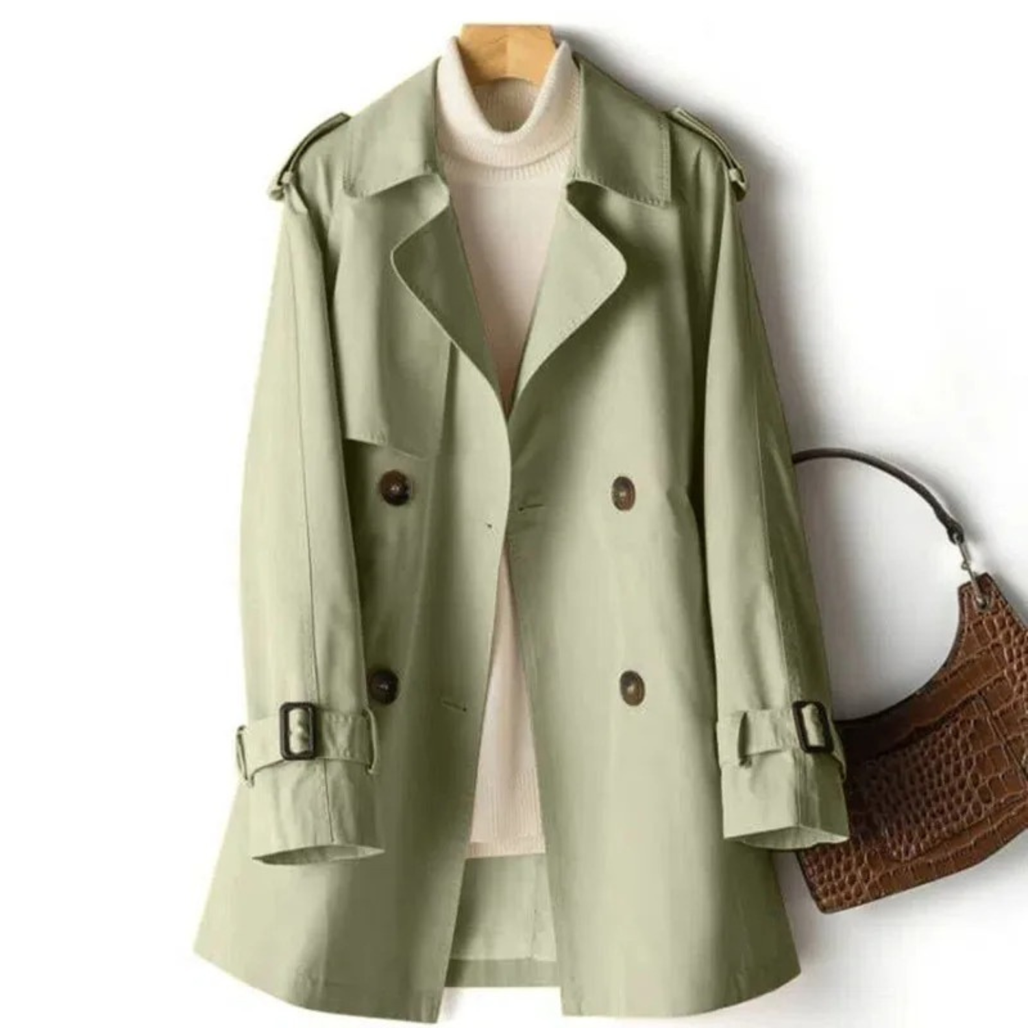 Women's Long Trench Coat - Double-Breasted with Epaulets