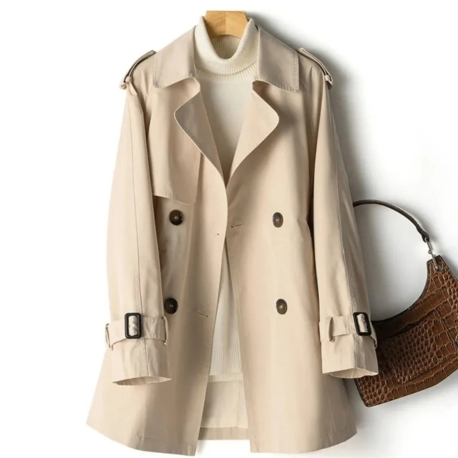 Women's Long Trench Coat - Double-Breasted with Epaulets
