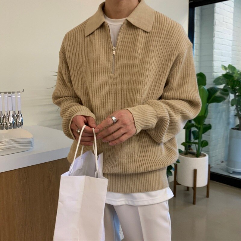 Men's Ribbed Knit Polo Jumper - Quarter-Zip & Relaxed Fit