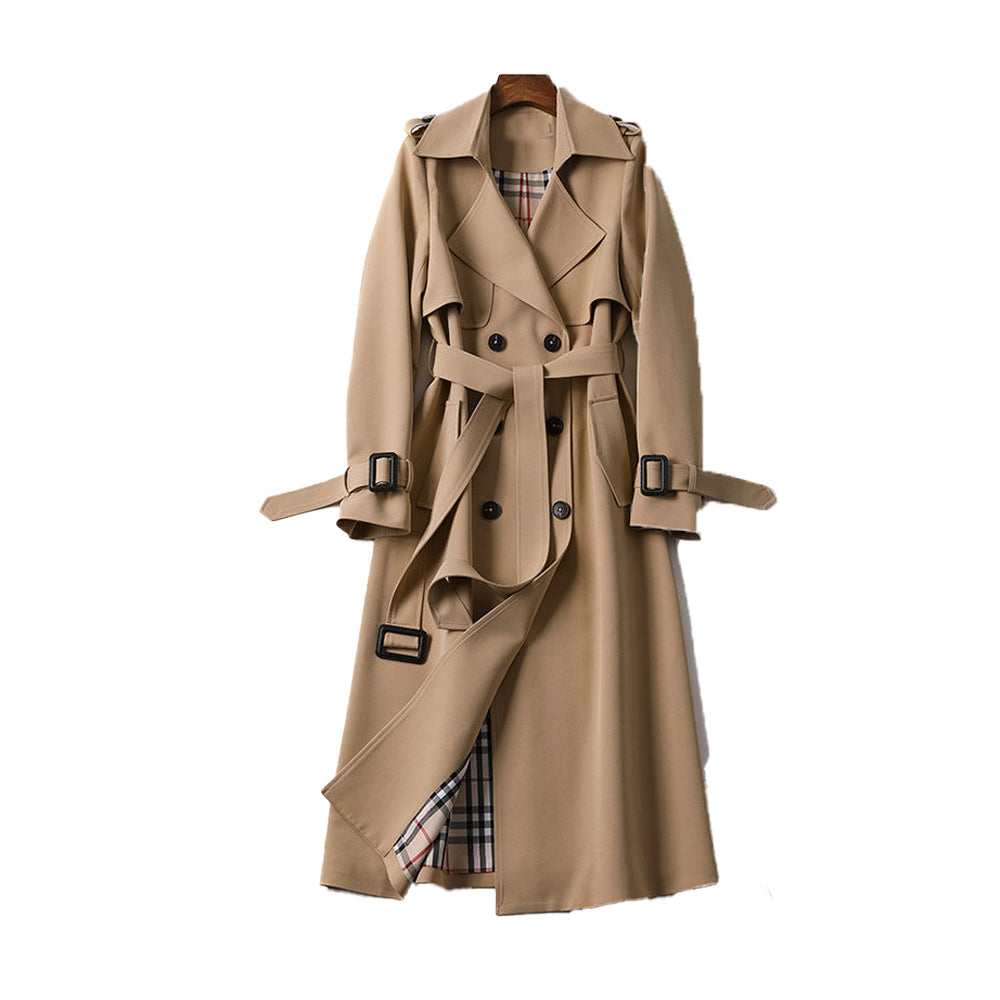 Women's Double-Breasted Trench Coat - Belted with Plaid Lining