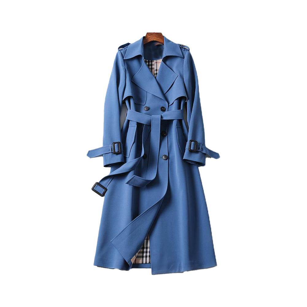 Women's Double-Breasted Trench Coat - Belted with Plaid Lining