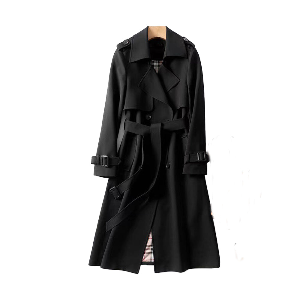 Women's Double-Breasted Trench Coat - Belted with Plaid Lining