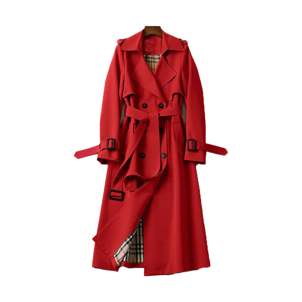 Women's Double-Breasted Trench Coat - Belted with Plaid Lining