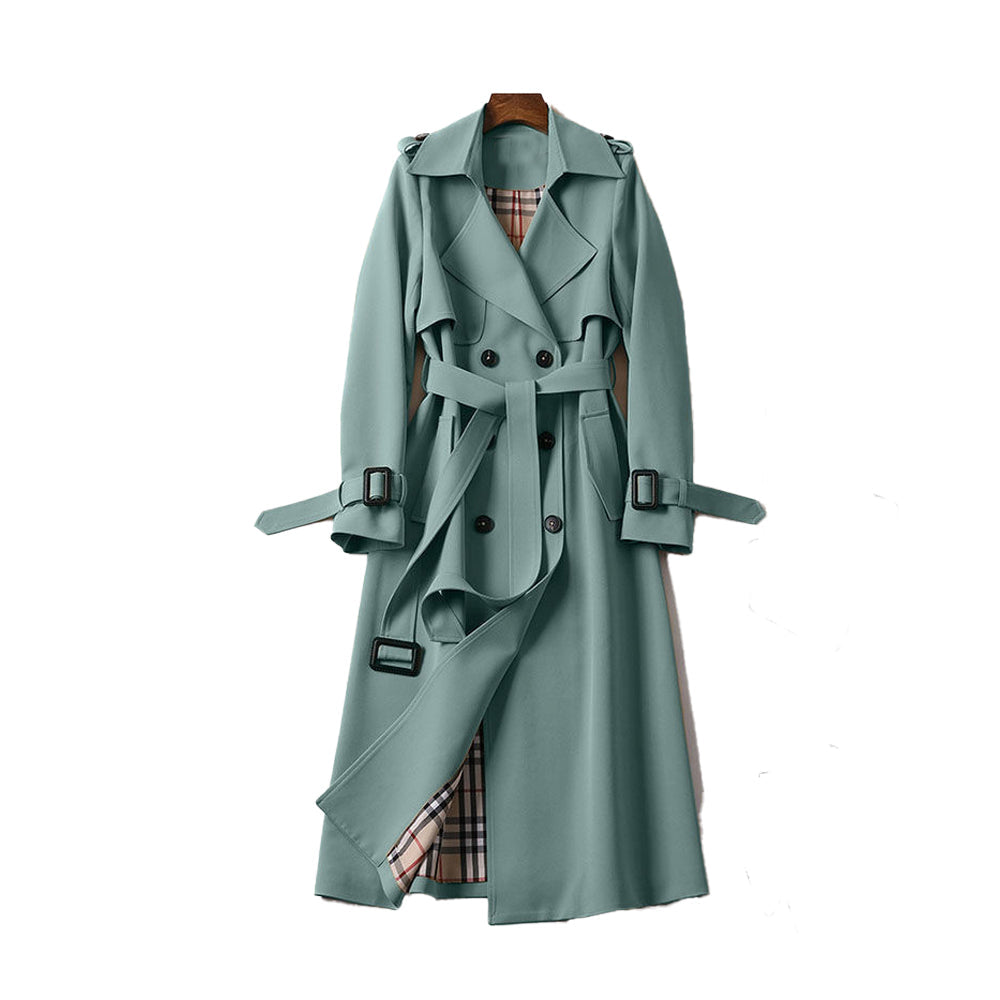 Women's Double-Breasted Trench Coat - Belted with Plaid Lining