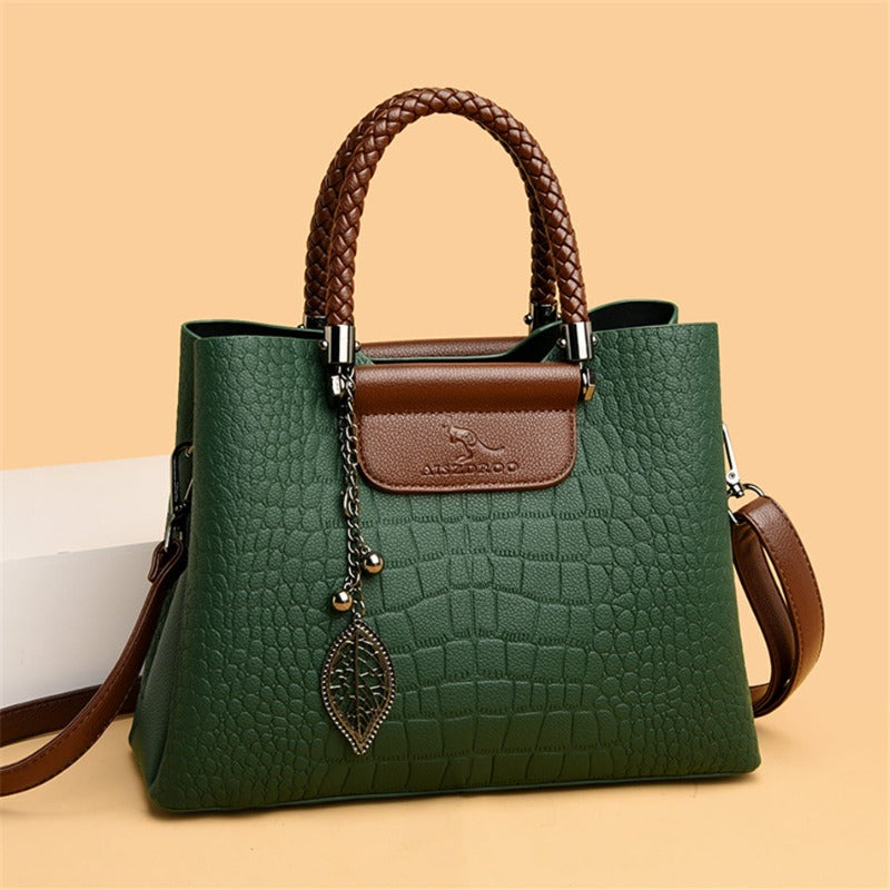 Women's Crocodile Pattern Handbag - Structured Satchel with Leaf Charm