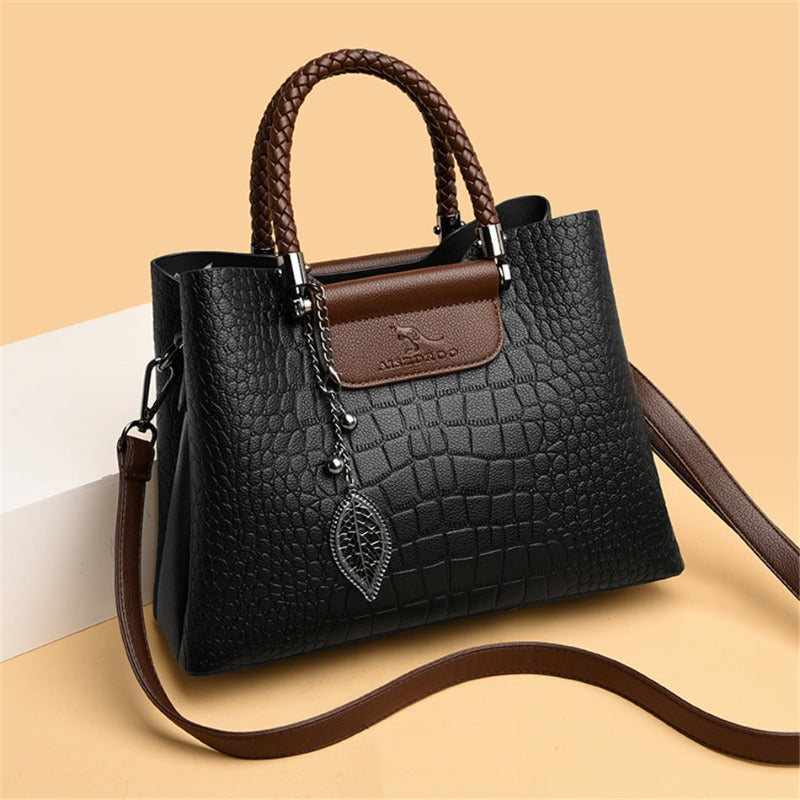 Women's Crocodile Pattern Handbag - Structured Satchel with Leaf Charm