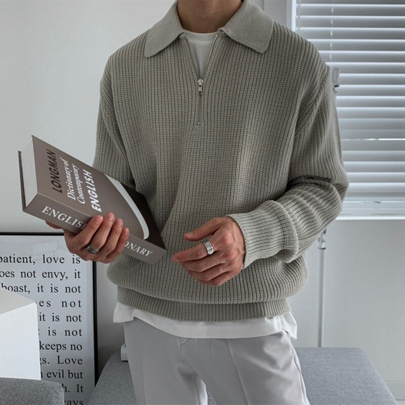 Men's Ribbed Knit Polo Jumper - Quarter-Zip & Relaxed Fit