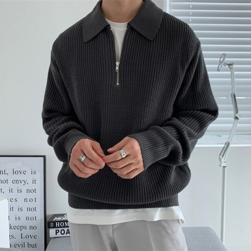 Men's Ribbed Knit Polo Jumper - Quarter-Zip & Relaxed Fit